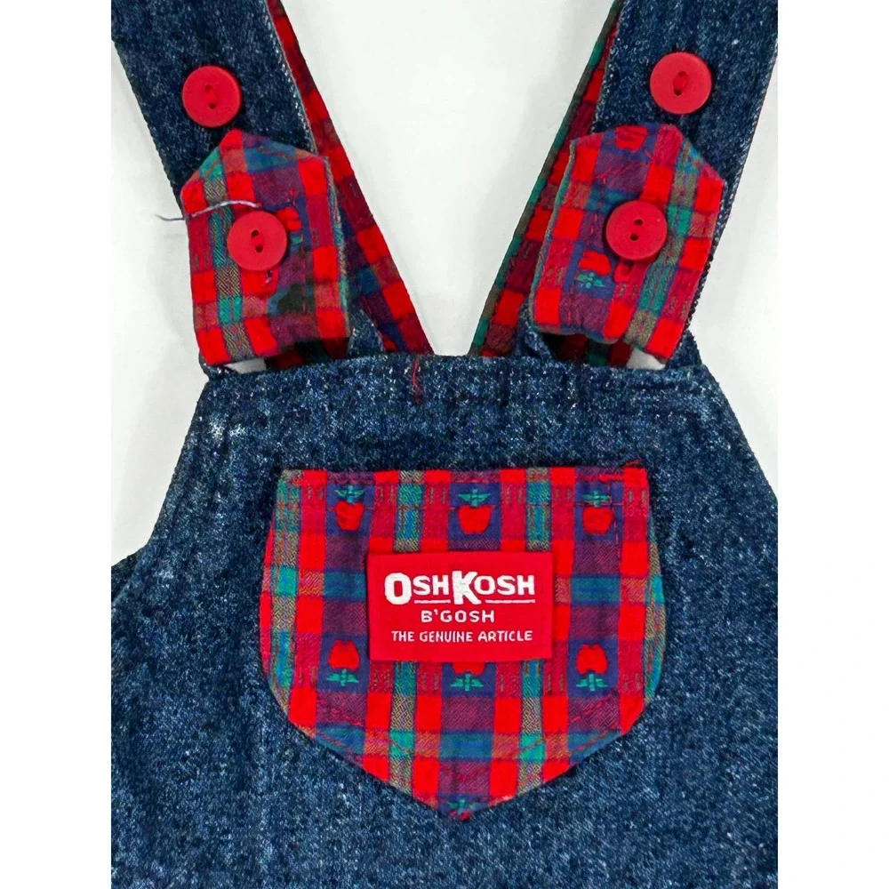 OshKosh Bgosh Vintage Girls 24M Denim Pinafore Dress Plaid Trim Made in USA Blue